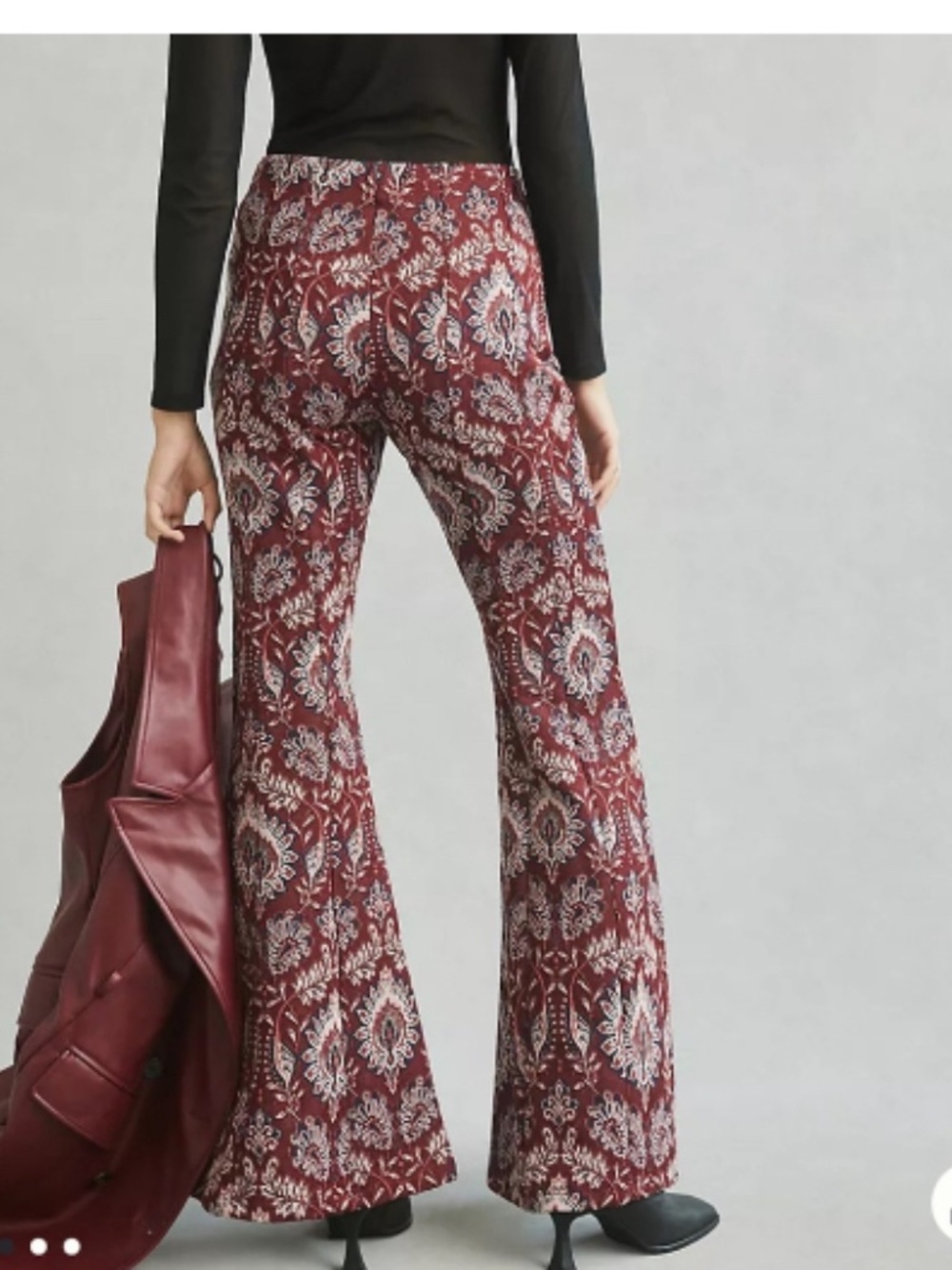 Anthropologie Damask Jacquard Flare Pants Size 6 Floral Burgundy Size 6